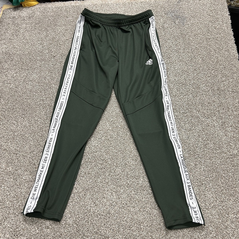 Adidas Track Pants Mens Large Green Elastic Waist Zip Pocket Tapered Stripes